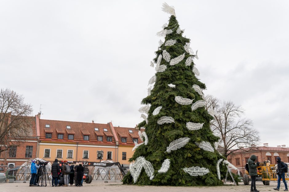 Rotušės aikštėje pabiro plunksnomis, kurias išbarstė virš miesto praskridęs angelas 