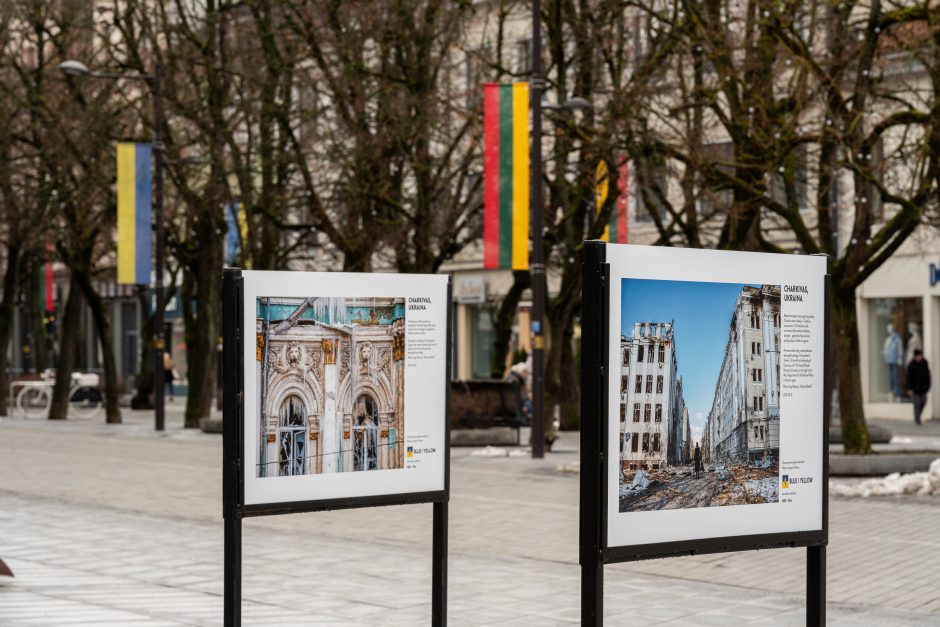 Kaunas siunčia palaikymo žinutę Ukrainai: artėjant karo metinėms Laisvės alėjoje suplazdėjo vėliavos