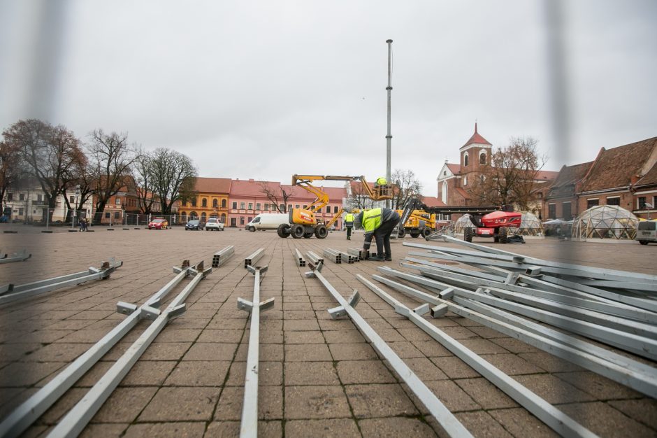 Į viršų stiebiasi Kauno kalėdinės eglutės karkasas: netrukus atkeliaus ir dekoracijos