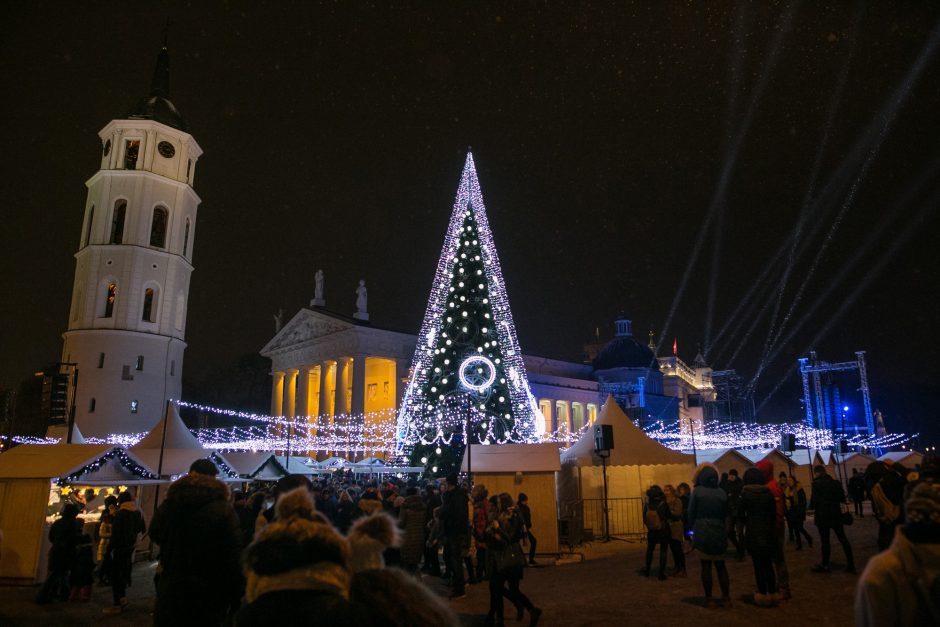 Katedros aikštėje suspindo stulbinanti Vilniaus Kalėdų eglė