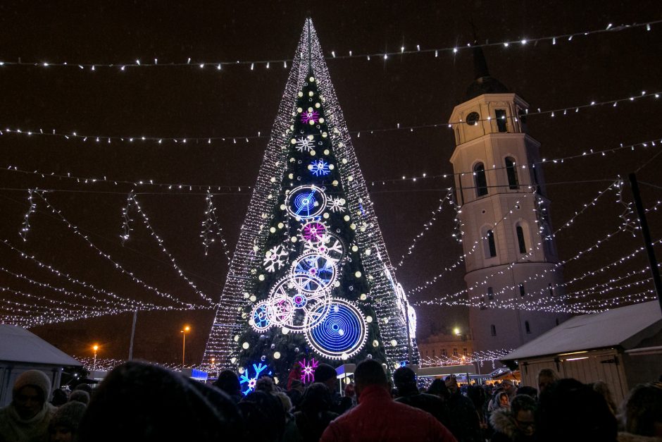 Katedros aikštėje suspindo stulbinanti Vilniaus Kalėdų eglė