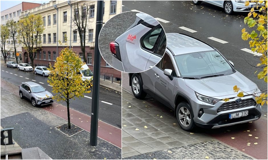 Centre vairuotojai įžūlėja: draudimo bendrovės automobilis buvo paliktas tiesiog ant dviračių tako