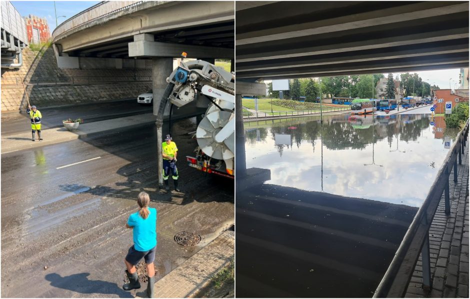 Naujausia žinia: po liūties atstatytas eismas H. Manto gatve po viaduku