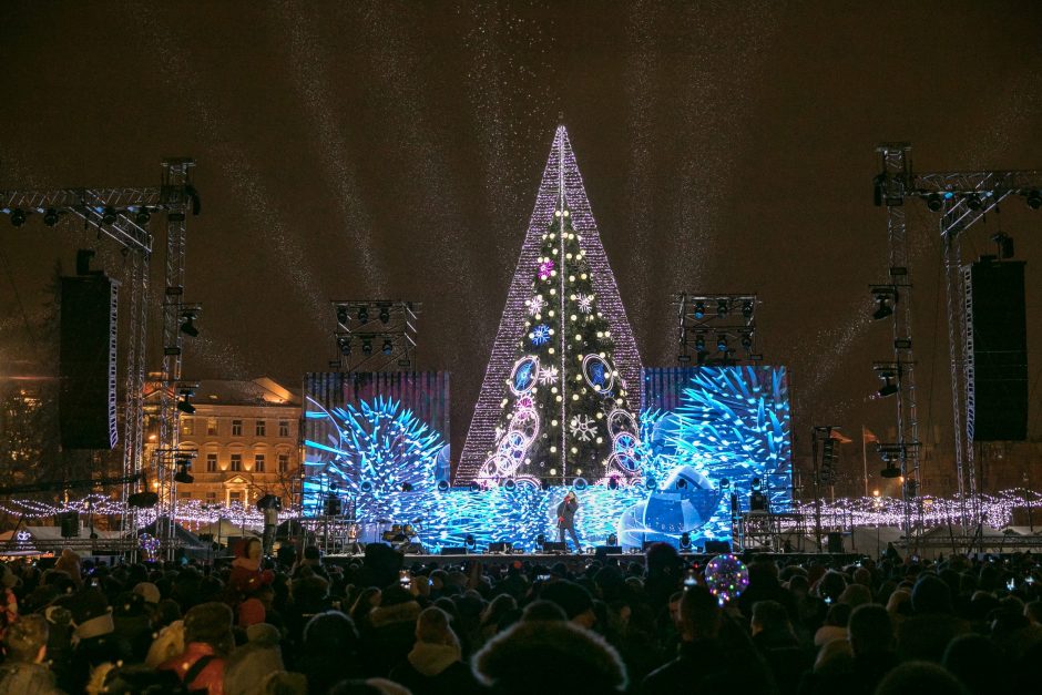 Katedros aikštėje suspindo stulbinanti Vilniaus Kalėdų eglė