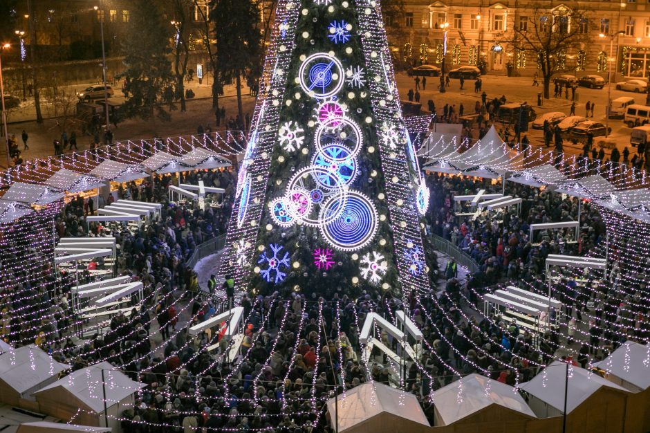 Katedros aikštėje suspindo stulbinanti Vilniaus Kalėdų eglė